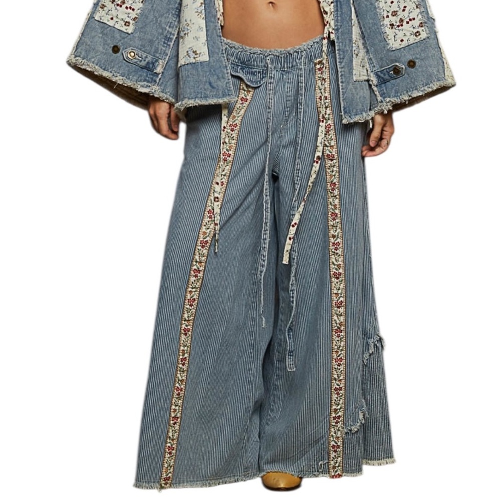 POL Blue Striped Wide Leg Pants with Floral Trim